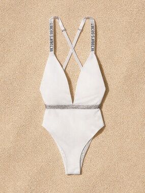NWT Victoria Secret Rhinestones Shine Strap White Plunge Swimsuit Size XS